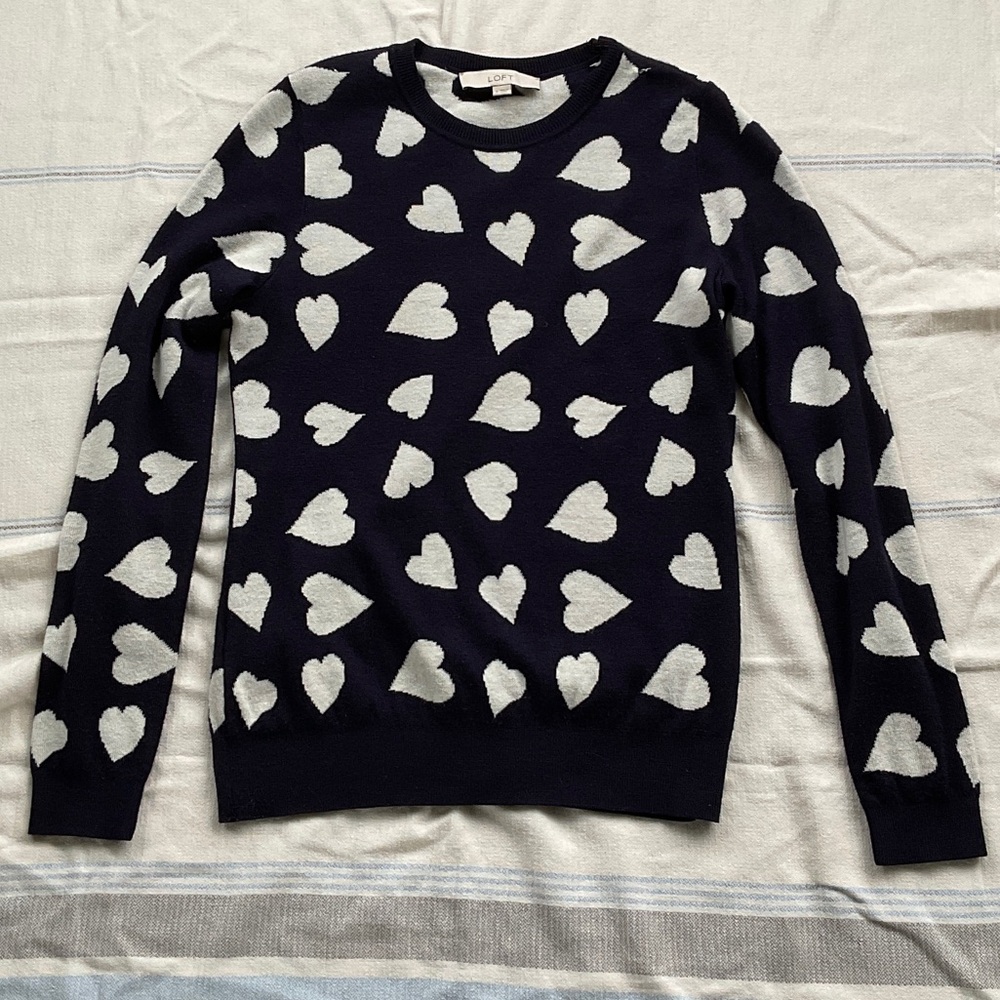 LOFT Navy and White Heart Crewneck Sweater
